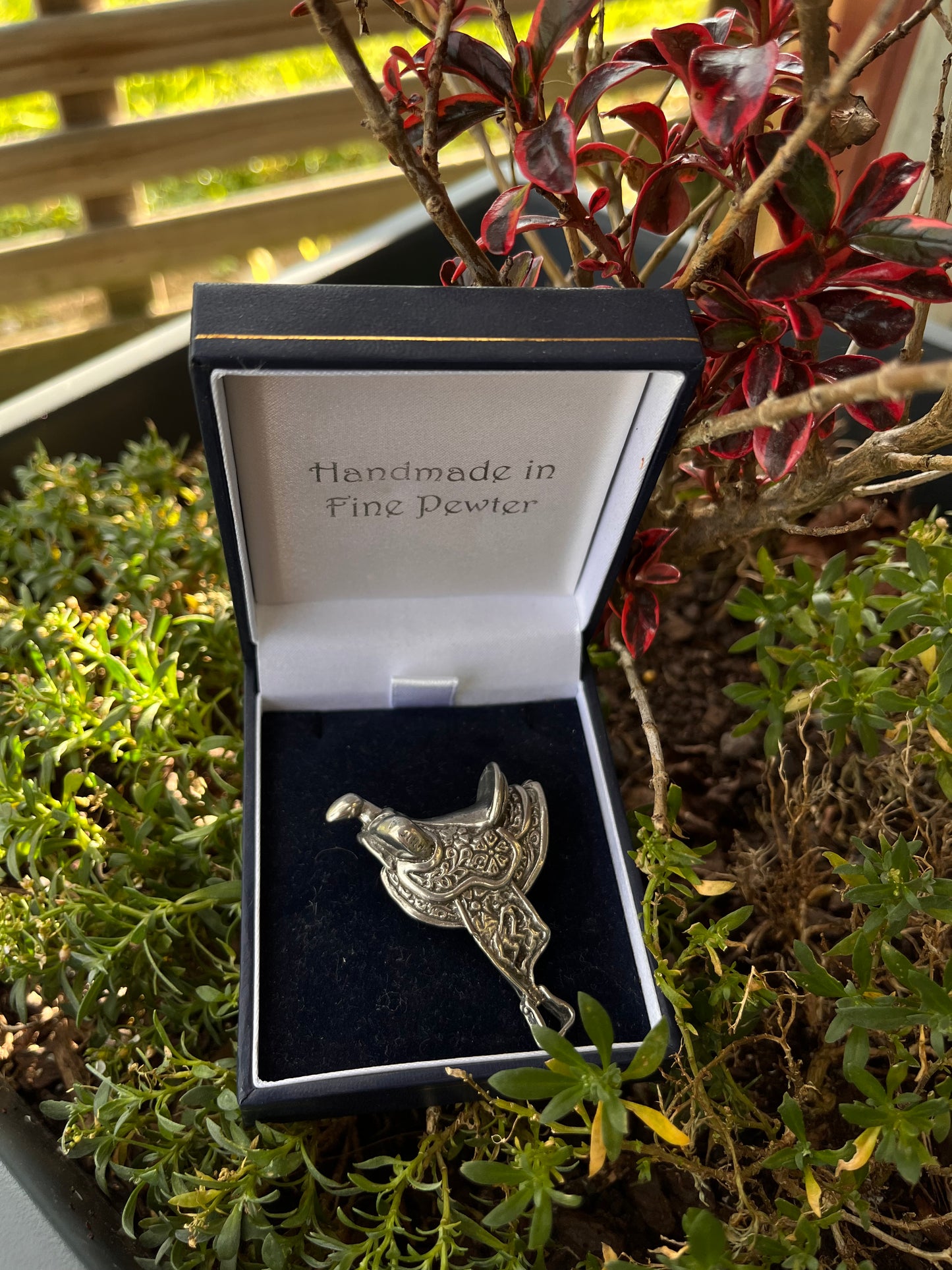 PEWTER Western saddle brooch